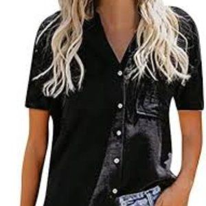 Niitawm Womens V Neck Button Down Short Sleeve Top